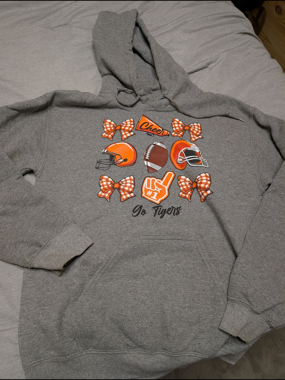 Gildan Gray Hoodie with Orange Football & Bow Graphics